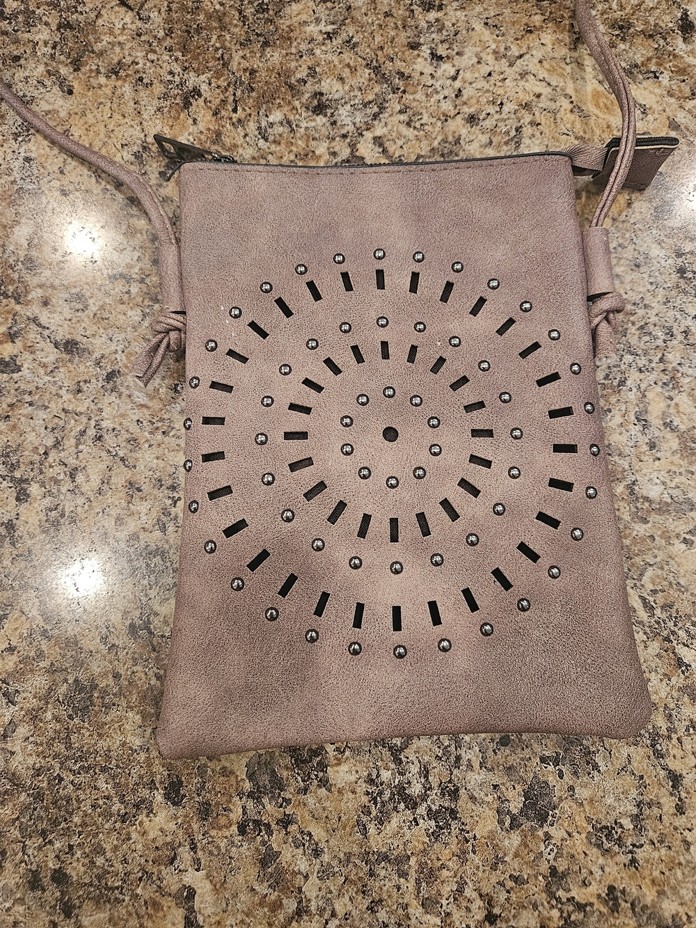 Suede Crossbody Purse in Mauve with Studded Laser-Cut Design